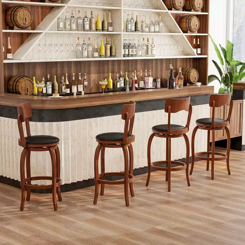 Taburetes de bar giratorios de 29 pulgadas, paquete de 4 con estructura de madera de caucho