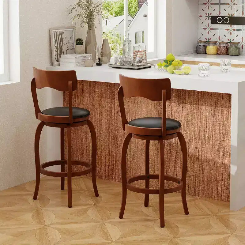 Taburetes de bar giratorios de 29 pulgadas, paquete de 4 con estructura de madera de caucho