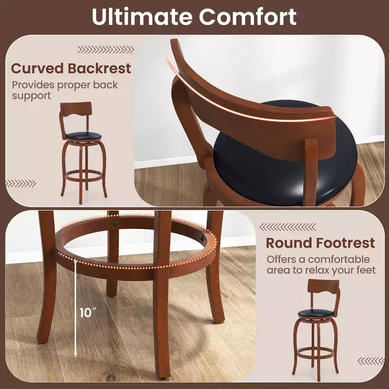 Taburetes de bar giratorios de 29 pulgadas, paquete de 4 con estructura de madera de caucho