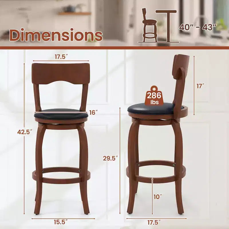 Taburetes de bar giratorios de 29 pulgadas, paquete de 4 con estructura de madera de caucho