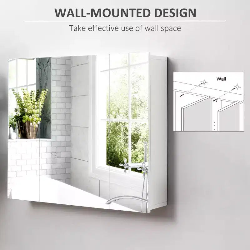 Armario de espejo de pared, botiquín de baño con espejo, 3 puertas y estantes ajustables