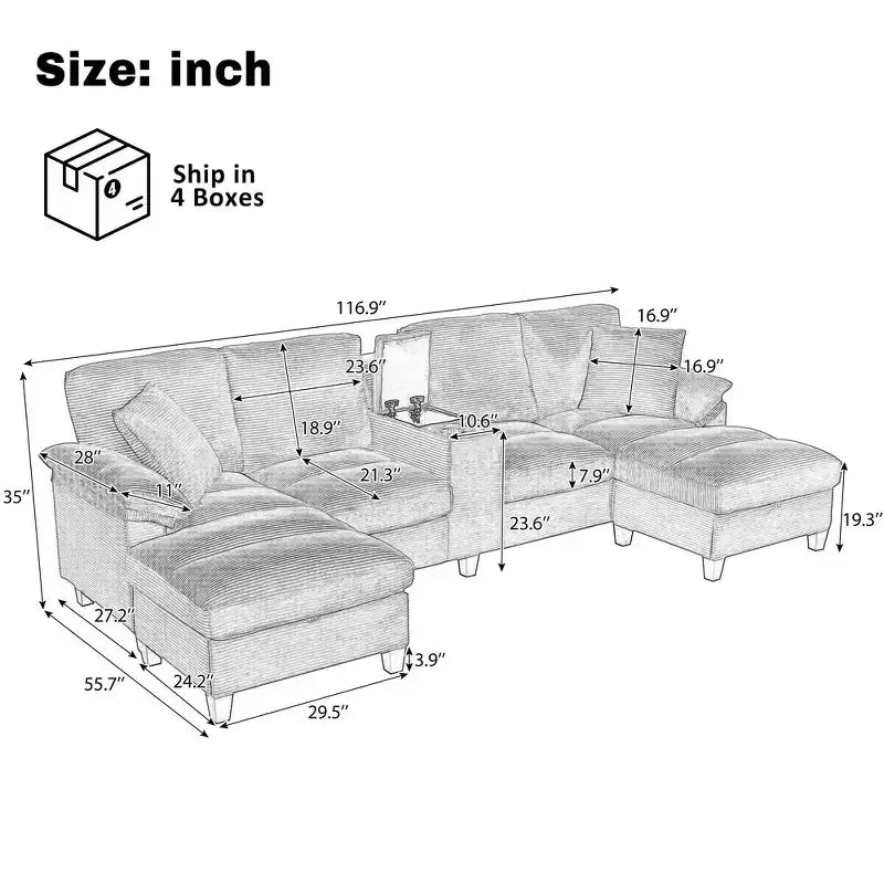 Sofá seccional de 116.9", forma de U moderna