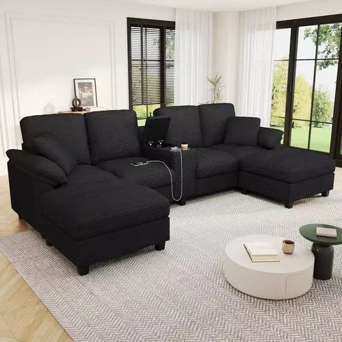 Whisen 116.9 Sectional Sofa, Modern U-Shaped Sectional Sofa, Corduroy Upholstered Couch with Ottomans, Cup Holders