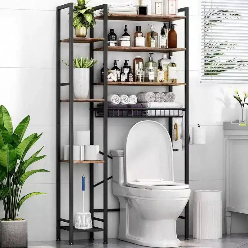 8 - Tier Over Toilet Storage with Side Rack, Adjustable Shelf Drain Basket, Freestanding Bathroom Organizer for Balcony