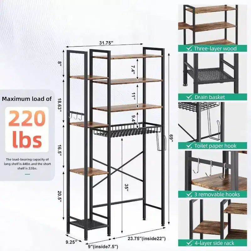 Organizador de baño independiente de 8 niveles sobre el inodoro con estante lateral, cesta de drenaje con estante ajustable, para balcón