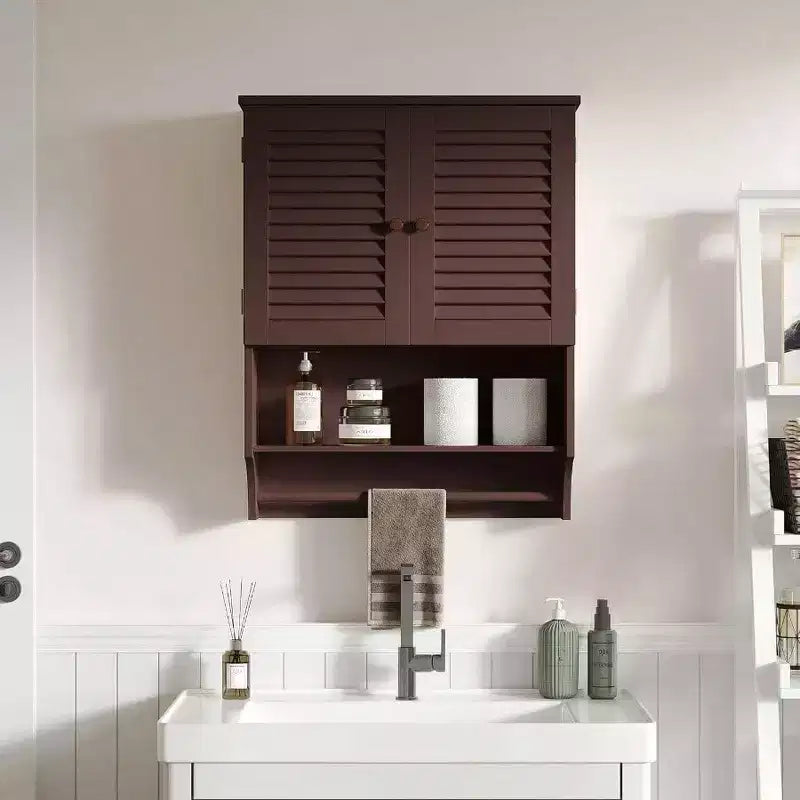Gabinete de pared para baño con barra toallero, 23.6 pulgadas de largo x 7.9 de ancho x 27.5 de alto, material MDF, ahorrador de espacio, gabinete de almacenamiento sobre el inodoro, color Espresso
