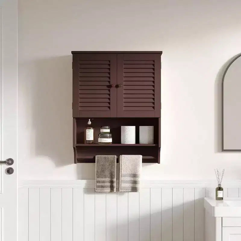 Gabinete de pared para baño con barra toallero, 23.6 pulgadas de largo x 7.9 de ancho x 27.5 de alto, material MDF, ahorrador de espacio, gabinete de almacenamiento sobre el inodoro, color Espresso