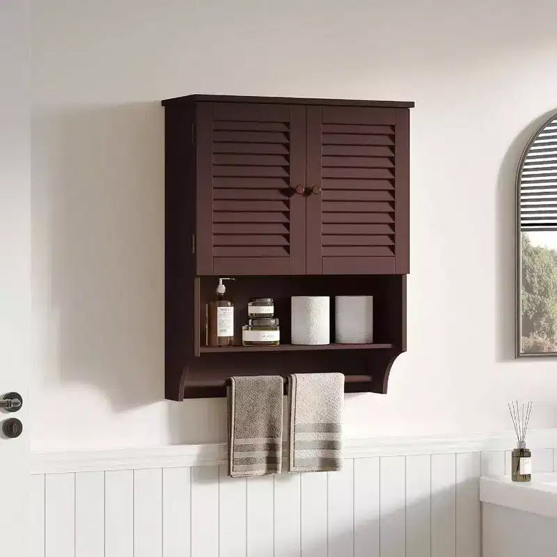 Gabinete de pared para baño con barra toallero, 23.6 pulgadas de largo x 7.9 de ancho x 27.5 de alto, material MDF, ahorrador de espacio, gabinete de almacenamiento sobre el inodoro, color Espresso
