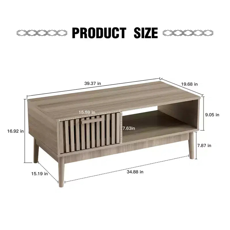 Mesa de centro con almacenamiento, mesas centrales acanaladas modernas de mediados de siglo de 99 cm con cajón, estante abierto y patas de madera resistente, 2 niveles para sala de estar o dormitorio