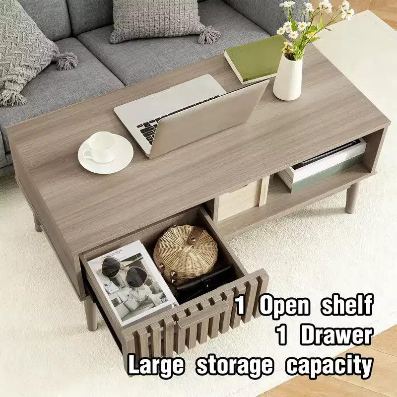 Mesa de centro con almacenamiento, mesas centrales acanaladas modernas de mediados de siglo de 99 cm con cajón, estante abierto y patas de madera resistente, 2 niveles para sala de estar o dormitorio