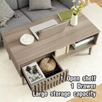 Mesa de centro con almacenamiento, mesas centrales acanaladas modernas de mediados de siglo de 99 cm con cajón, estante abierto y patas de madera resistente, 2 niveles para sala de estar o dormitorio