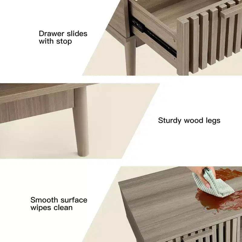 Mesa de centro con almacenamiento, mesas centrales acanaladas modernas de mediados de siglo de 99 cm con cajón, estante abierto y patas de madera resistente, 2 niveles para sala de estar o dormitorio