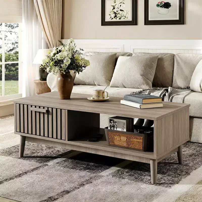 Mesa de centro con almacenamiento, mesas centrales acanaladas modernas de mediados de siglo de 99 cm con cajón, estante abierto y patas de madera resistente, 2 niveles para sala de estar o dormitorio