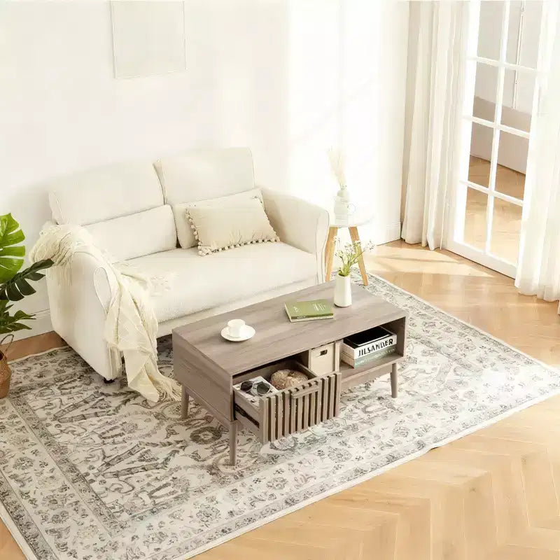 Mesa de centro con almacenamiento, mesas centrales acanaladas modernas de mediados de siglo de 99 cm con cajón, estante abierto y patas de madera resistente, 2 niveles para sala de estar o dormitorio