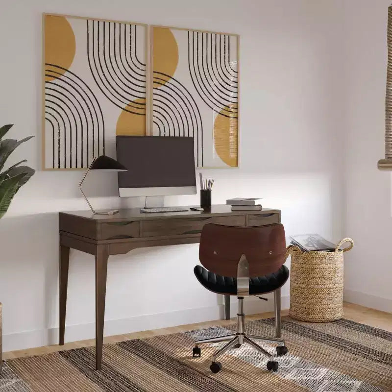 Escritorio pequeño marrón nogal, estilo ejecutivo de 48", bandeja para teclado, archivador