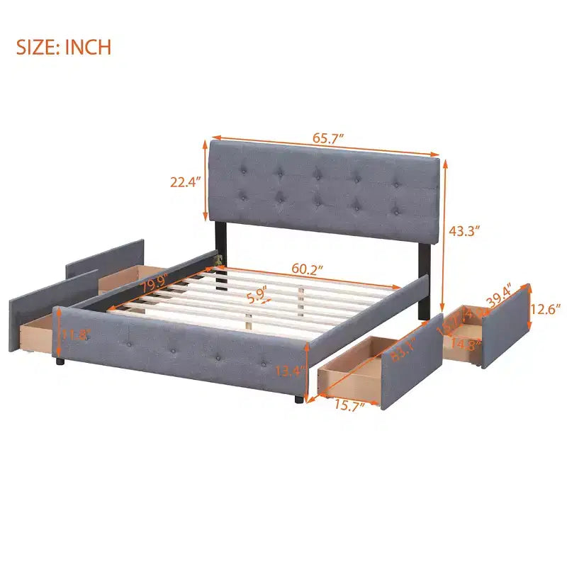 Cama plataforma tapizada Queen Size con cabecero clásico y 4 cajones