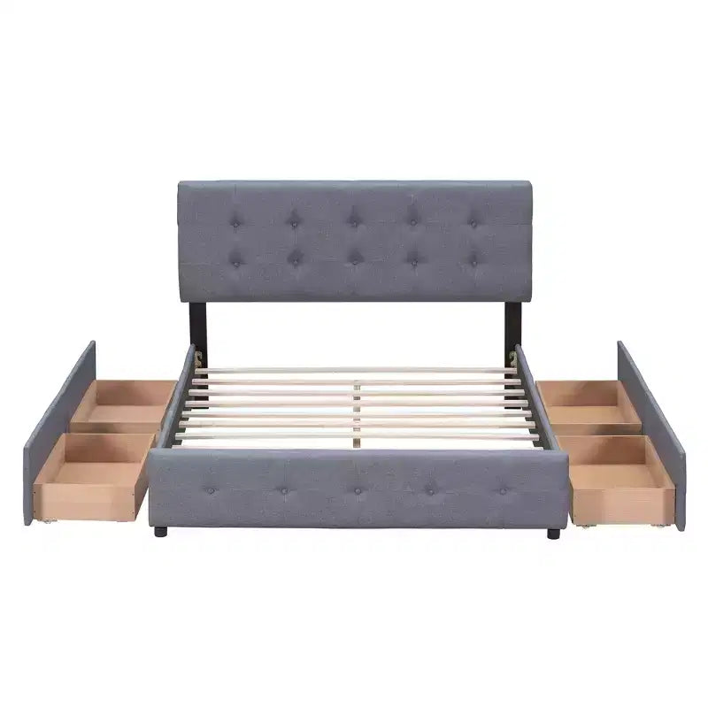 Cama plataforma tapizada Queen Size con cabecero clásico y 4 cajones