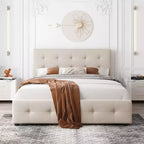 Cama plataforma tapizada Queen Size con cabecero clásico y 4 cajones