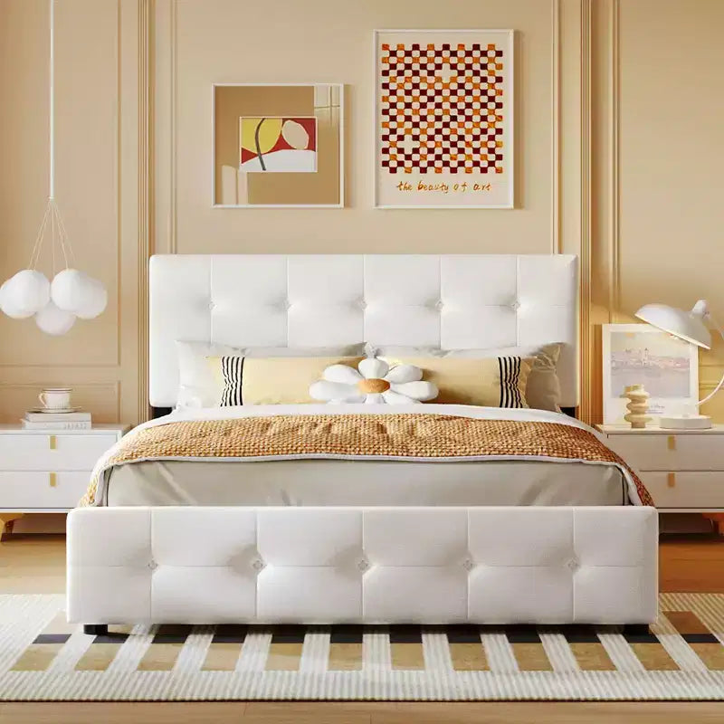 Cama plataforma tapizada Queen Size con cabecero clásico y 4 cajones