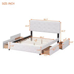 Cama plataforma tapizada Queen Size con cabecero clásico y 4 cajones