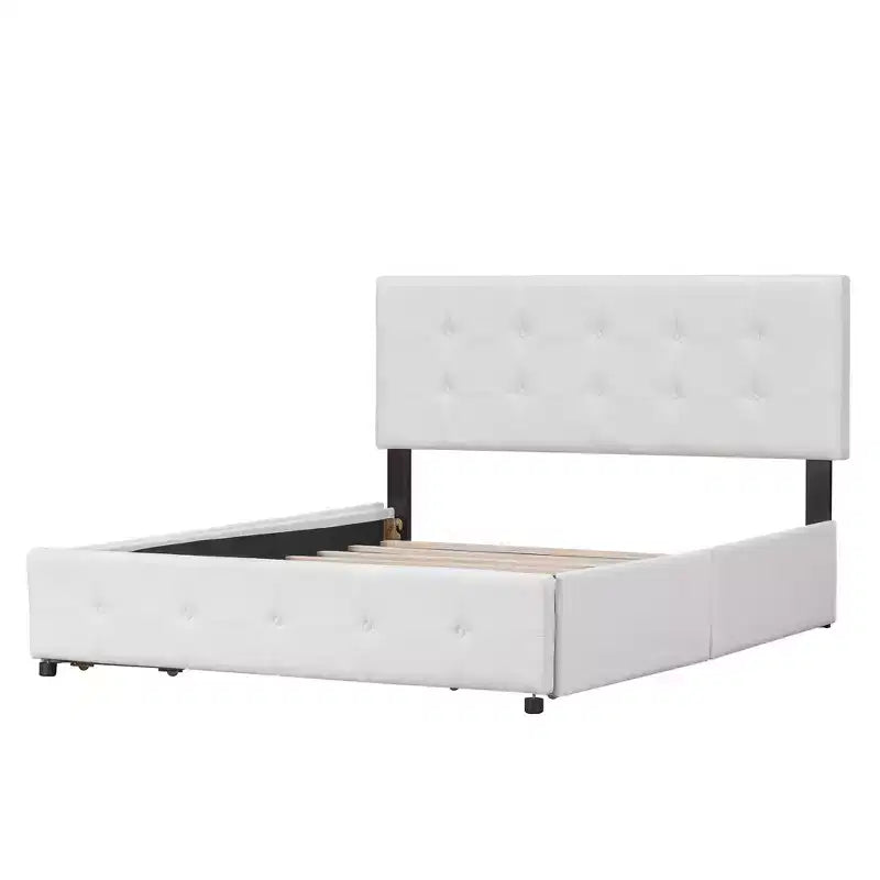 Cama plataforma tapizada Queen Size con cabecero clásico y 4 cajones