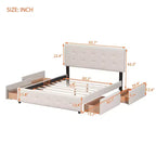Cama plataforma tapizada Queen Size con cabecero clásico y 4 cajones