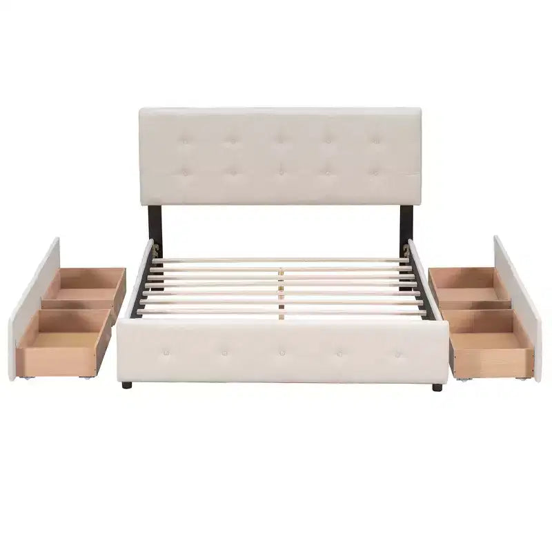 Cama plataforma tapizada Queen Size con cabecero clásico y 4 cajones
