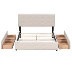 Cama plataforma tapizada Queen Size con cabecero clásico y 4 cajones