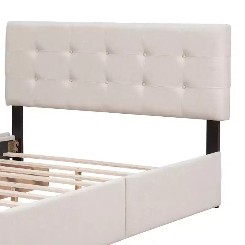 Cama plataforma tapizada Queen Size con cabecero clásico y 4 cajones