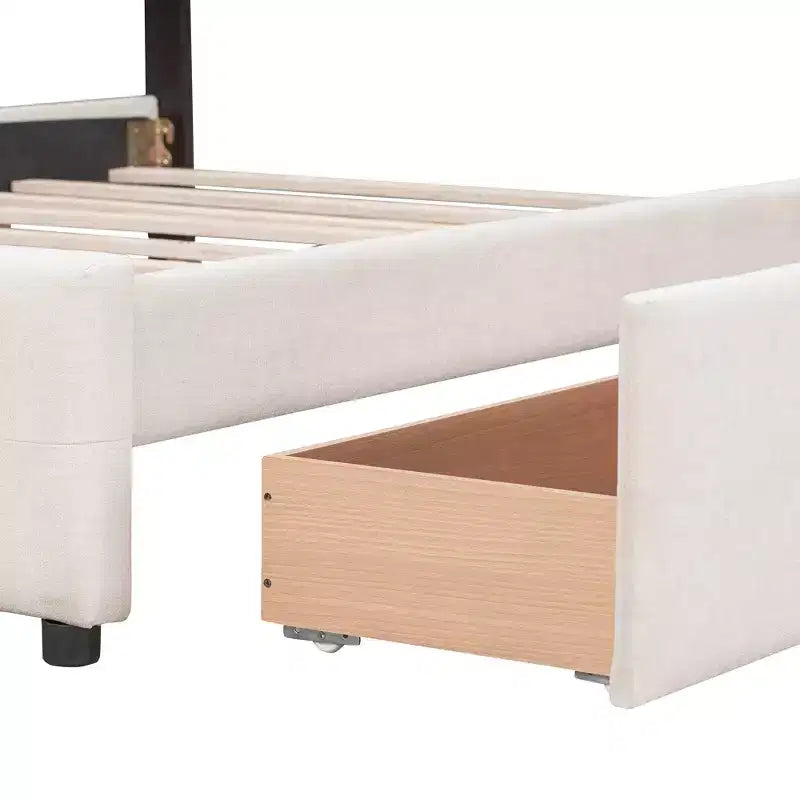 Cama plataforma tapizada Queen Size con cabecero clásico y 4 cajones