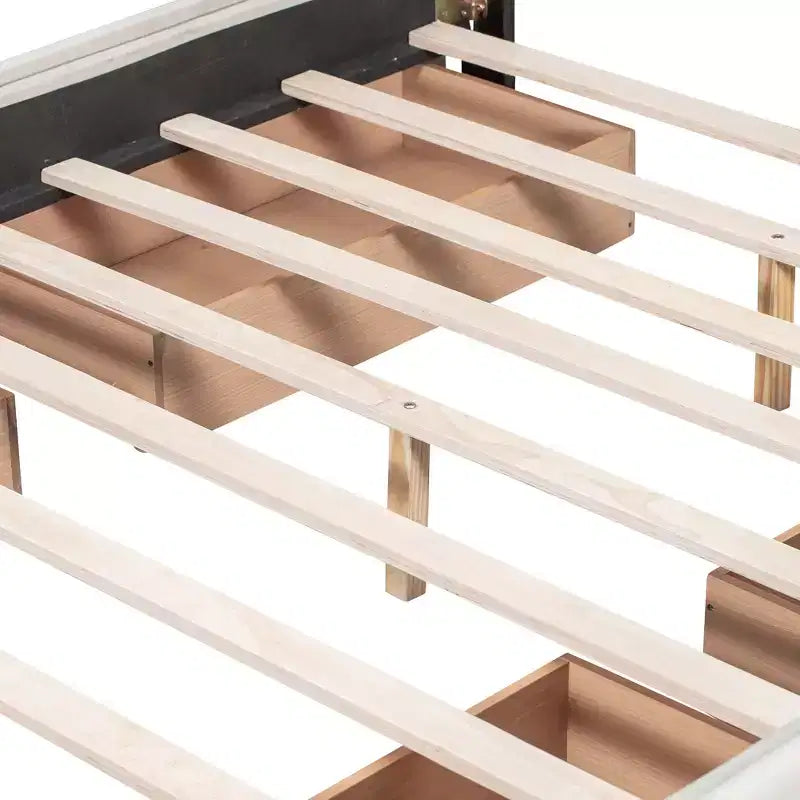 Cama plataforma tapizada Queen Size con cabecero clásico y 4 cajones