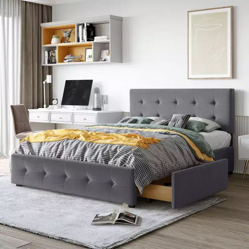 Cama plataforma tapizada Queen Size con cabecero clásico y 4 cajones