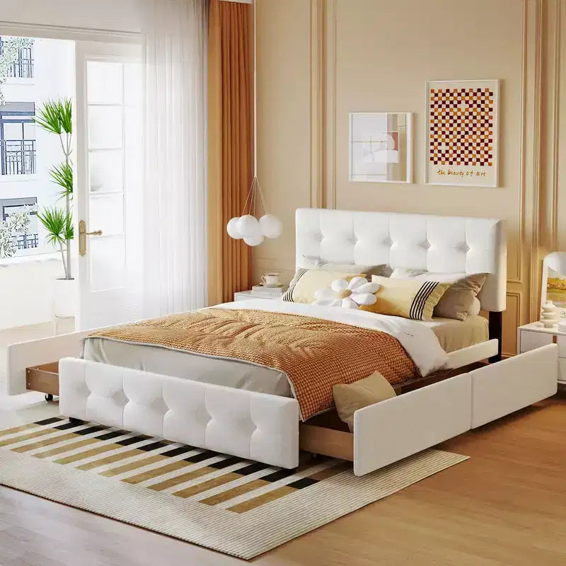 Cama plataforma tapizada Queen Size con cabecero clásico y 4 cajones